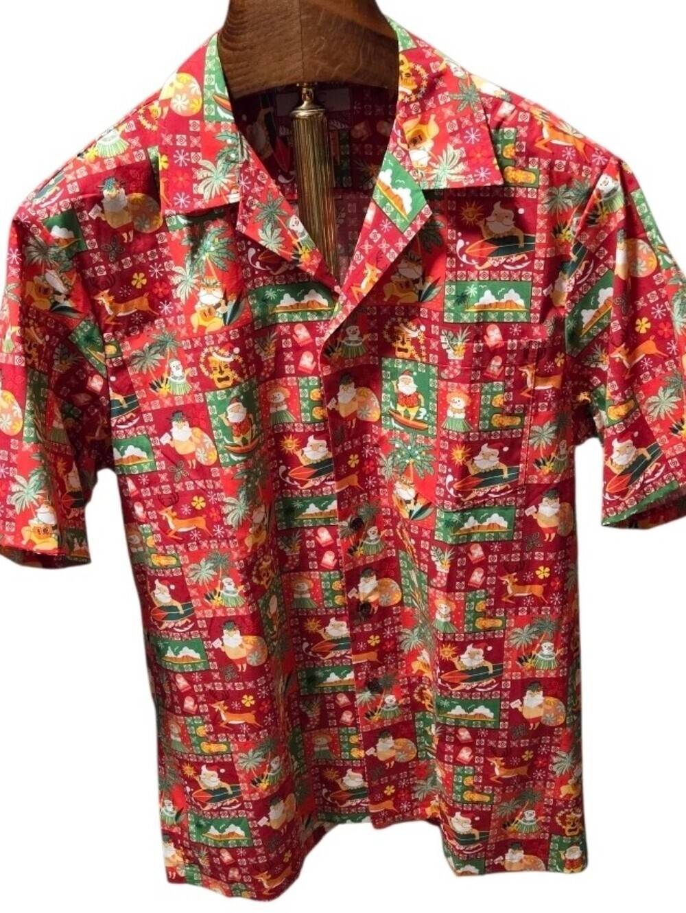 RJC Robert Clancy Red Hawaiian Surfing Santa Christmas Button Shirt Size Large